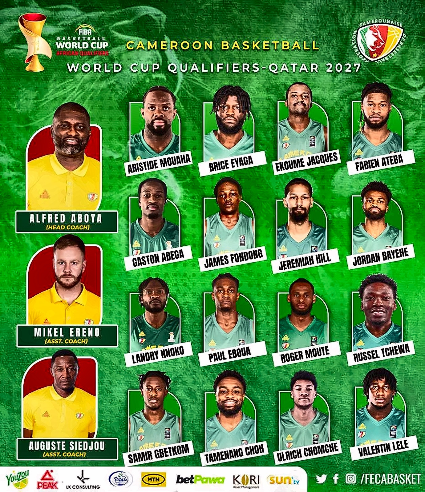 Diapo officielle FECABASKET · Staff (Alfred Aboya, Mikel Ereno, Auguste Siedjou) + 16 joueurs sélectionnés pour la Fenêtre 3 des qualifications FIBA Basketball World Cup Qatar 2027